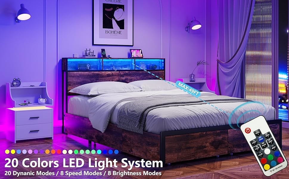 Furnideco Queen Metal Bed Frame with Bookcase Headboard, 4