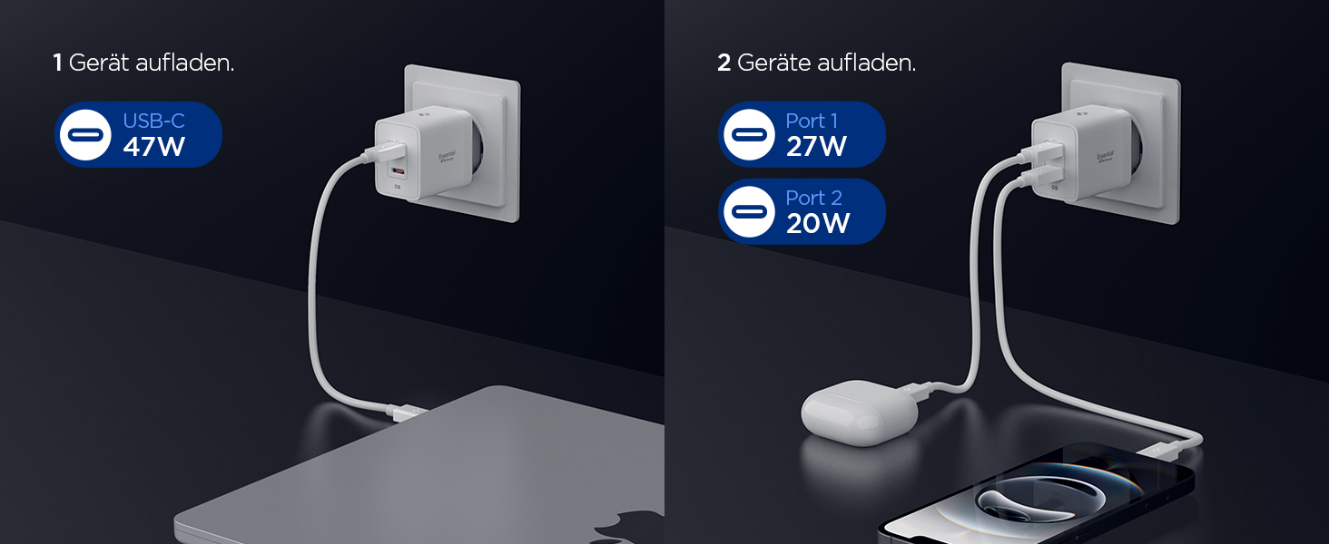Doppelpanel-Bild mit USB-C-Ladegeräten. Linkes Feld: Einzelgerät, das mit 47 W aufgeladen wird. Rechtes Bedienfeld: Zwei Geräte werden gleichzeitig aufgeladen, eines mit 27 W und eines mit 20