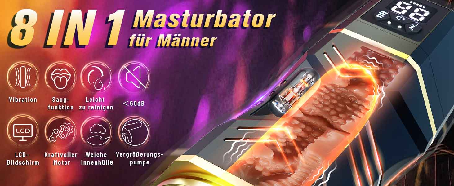 Der Text lautet „8 IN 1 Masturbator“. Produktwerbebanner mit buntem Hintergrund mit Farbverlauf und Symbolen, die Funktionen und Spezifikationen anzeigen.