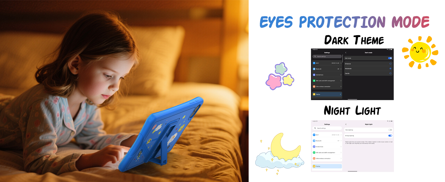 Text reads 'EYES PROTECTION MODE', 'Dark Time', 'Night Light'. Series of interface screenshots showing device display settings with eye protection features.