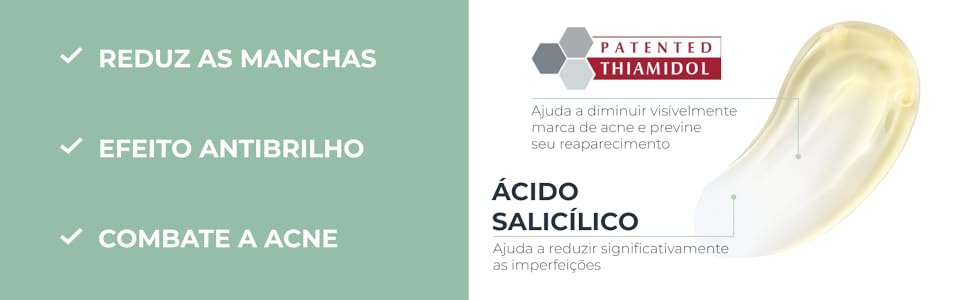 Reduz as manchas, tem efeito antibrilho, com ácido salicílico ajudando a reduzir imperfeições