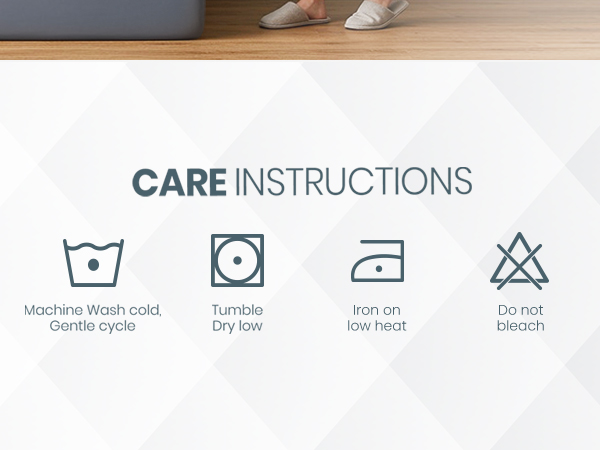Care instructions for a textile product: machine wash cold on gentle cycle, tumble dry low, iron on low heat, and do not bleach. Icons illustrate each instruction.
