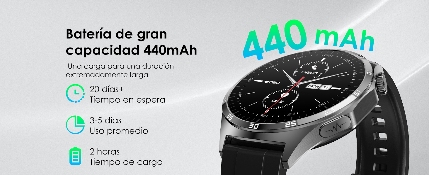 with large 440 mAh battery, black round sphere and dark strap. The display remains on standby for more than 20 days, 3 to 5 days of average use and 2 hours of charging time