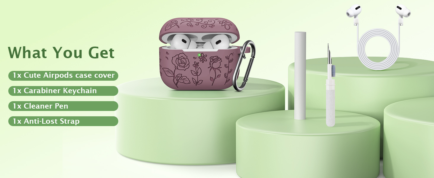 1x Cute Airpods case cover,1x Carabiner Keychain,1x Cleaner Pen,1x Anti-Lost Strap