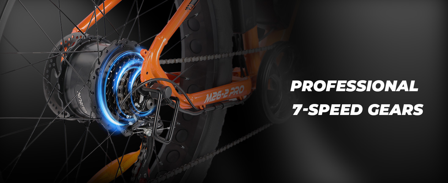 Close-up of a bicycle's rear wheel, showcasing professional 7-speed gears. Orange frame, blue gear mechanism, and black tire visible against dark background.