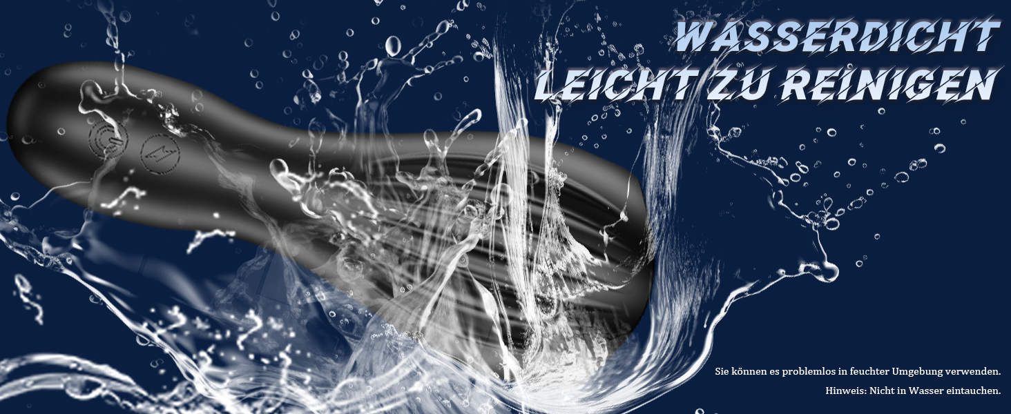 Der Text lautet „WASSERDICHT“. Dynamische Produktwerbung, die Spritzwassereffekte vor dunklem Hintergrund zeigt und die wasserdichten Eigenschaften hervorhebt.