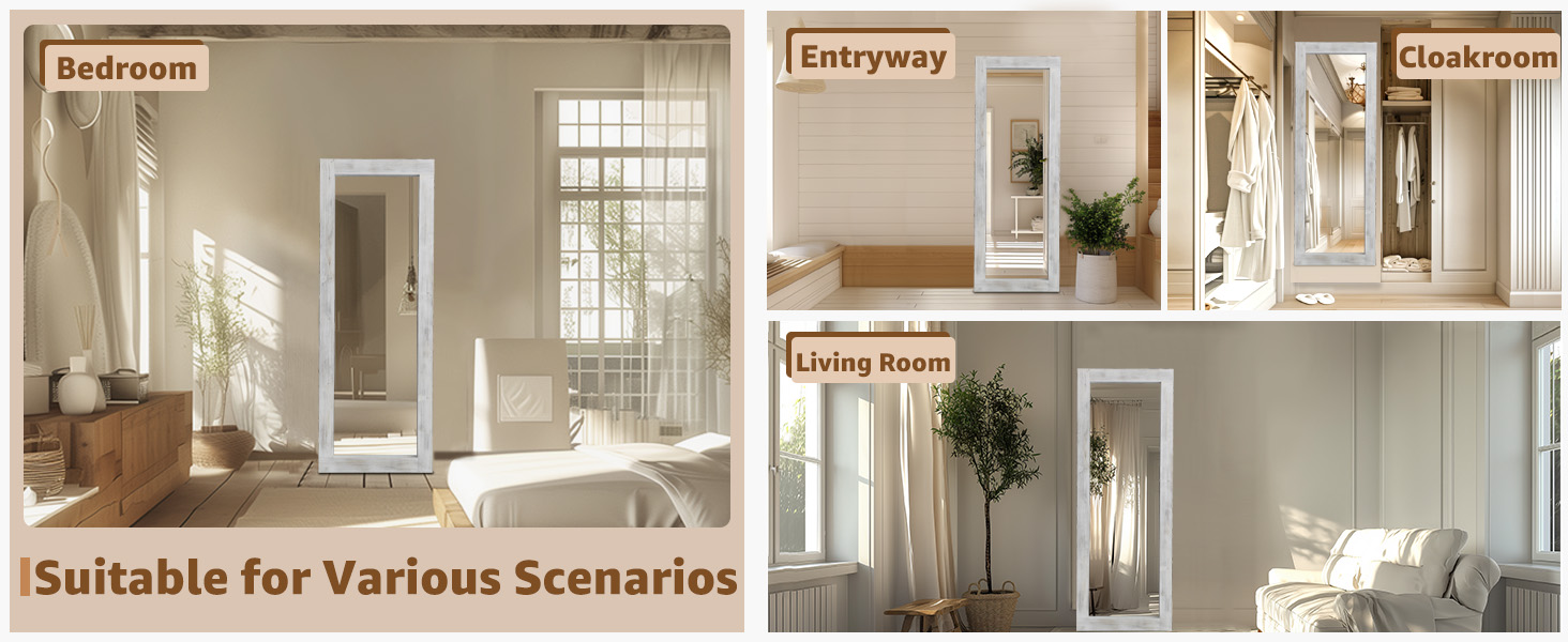 Rustic Farmhouse Full Length Mirror, Wood Floor Mirror, Free Standing, Long for Bedroom, Living Room, Cloakroom, White