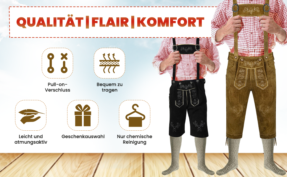 Traditional German lederhosen and dirndl clothing display with icons showing features like pull-on construction, easy ironing, and comfortable fit.