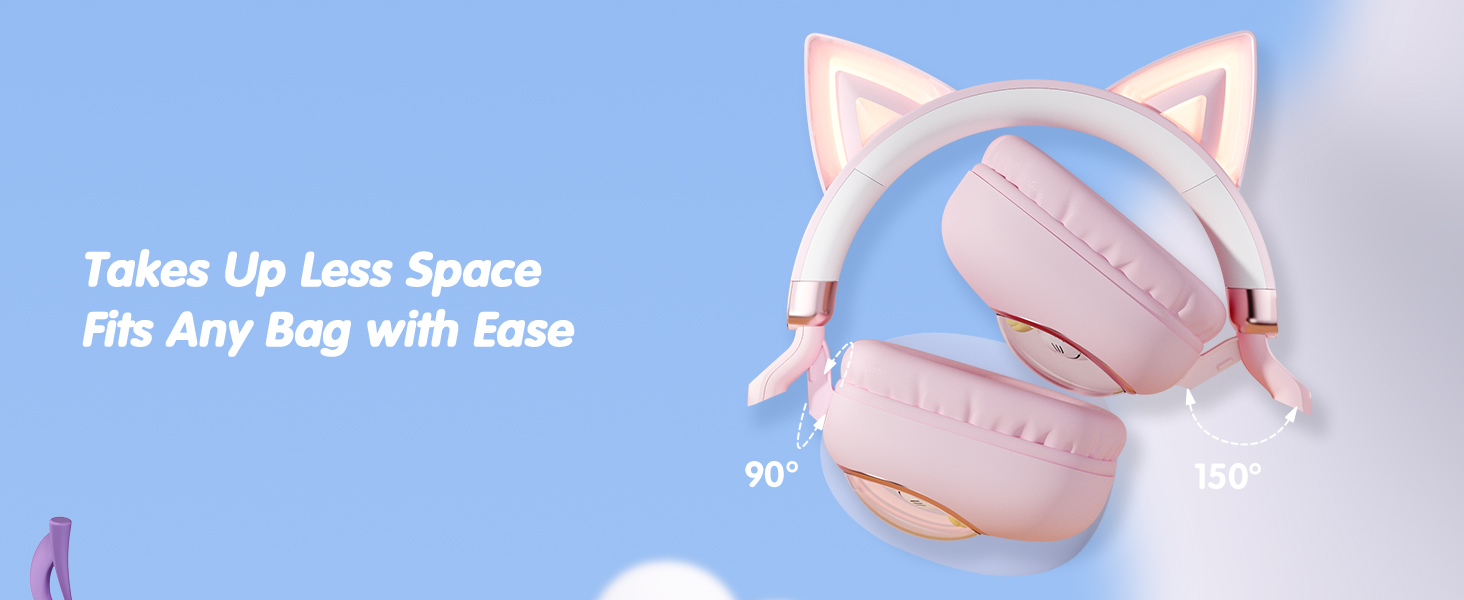 Text reads 'Takes Up Less Space - Fits Any Bag with Ease'. Pink cat-ear themed cosmetic or travel bag shown in pastel colors.