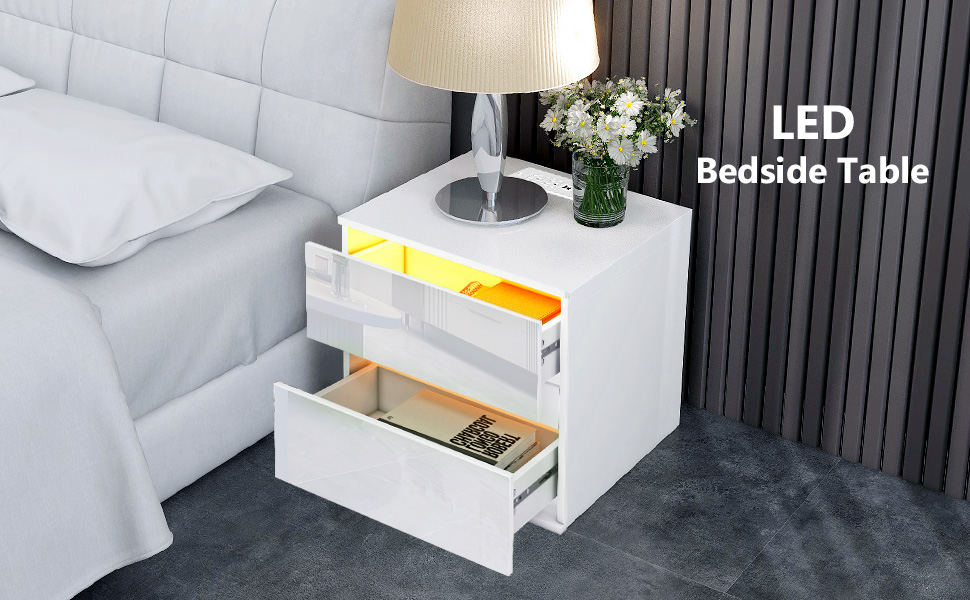 LED Nightstand Set of 2 with Charging Station & Drawers