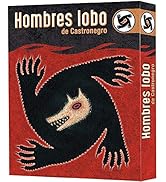 El texto dice «Hombres lobo de Castronnegro». Serie de espectaculares cartas o piezas de juego ilustradas en rojo y negro con imágenes estilizadas de lobos y manos.