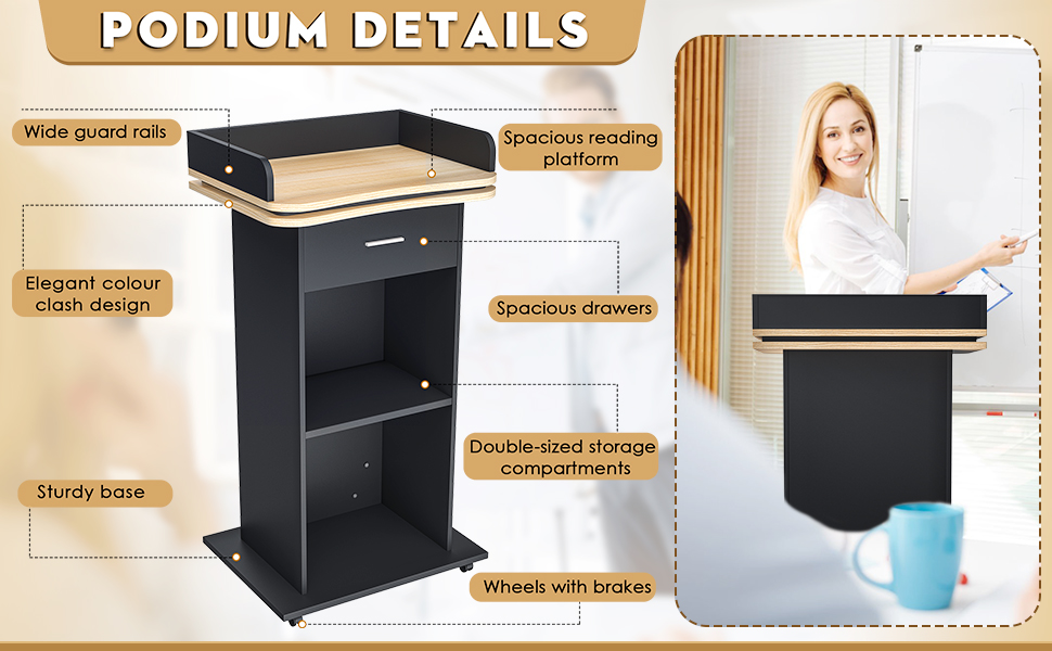 43" Wood Podium Stand with 3 Levels of Storage