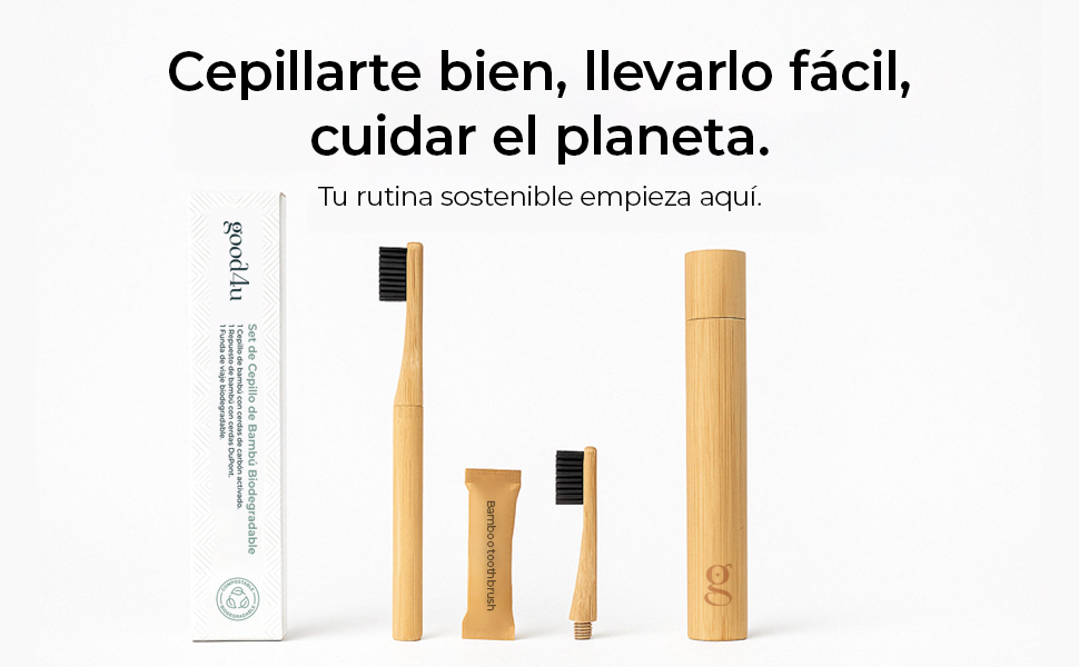 con cepillos de dientes y funda de bambú. El empaque blanco y el texto en español promueven una rutina de higiene bucal sostenible y el cuidado del medio ambiente
