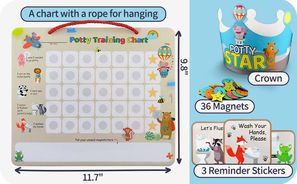 Chart: 9.8"X11.7". Hanging rope. crown. 36 magnet stickers. 3 instruction stickers.