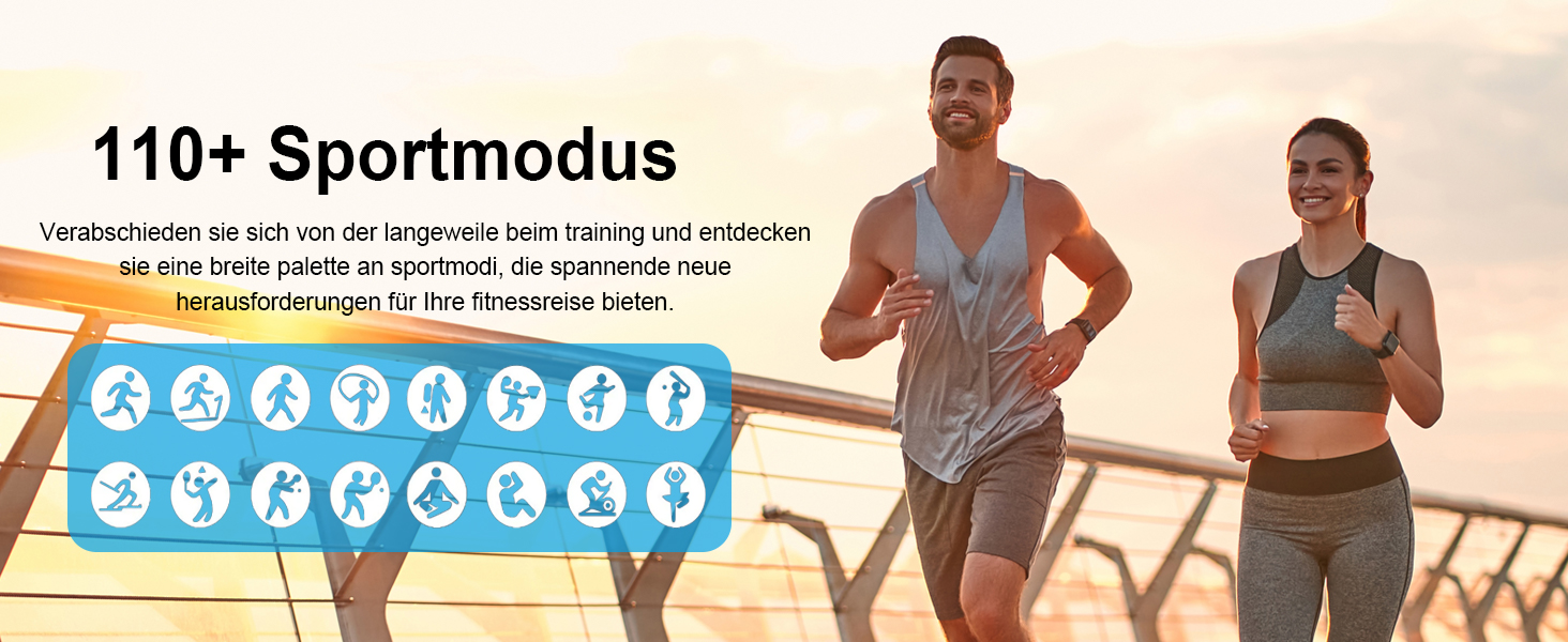Werbung für Fitness-Apps, in der zwei Personen bei Sonnenuntergang joggen. Symbole zeigen verschiedene Trainingsaktivitäten an. Der Text erwähnt „110+ Sportmodus“ (Sportmodi