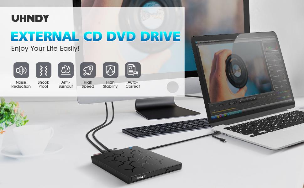 UHNDY External DVD Drive, USB 3.0 CD DVD Burner for Laptop, TypeC CD/DVD ROM +/RW