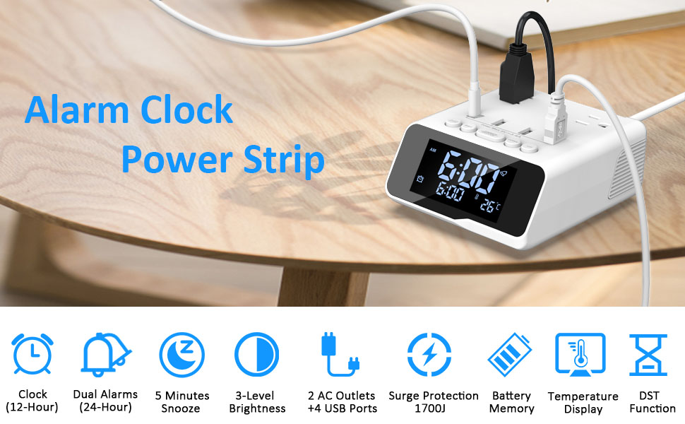 QBA Digital Alarm Clock with USB Ports, Power Strip Surge