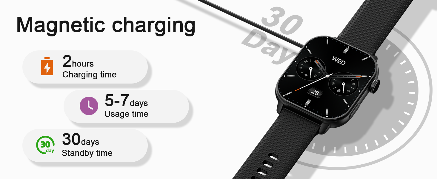 Text reads: 'Magnetic charging' with three charging time indicators: '2 hours full charging time', '5-7 days' and '30 days standby time'. Shows smartwatch with magnetic charger.