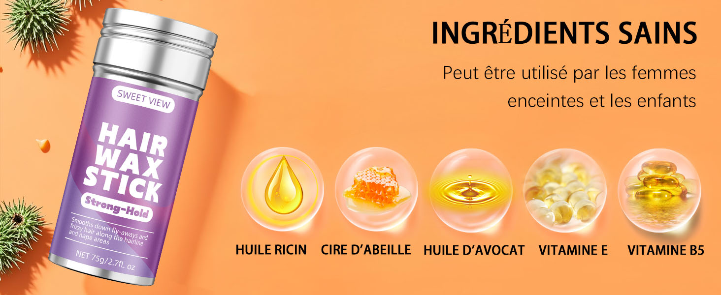 Le texte indique « INGRÉDIENTS SAINS » « Pour être utilisé par les femmes ». Bannière du produit montrant des icônes d'ingrédients, notamment de l'huile de ricin, de la camomille, de l'huile d'avocat, de la vitamine E et de la vitamine B3 sur fond orange avec un contenant de produit argenté.