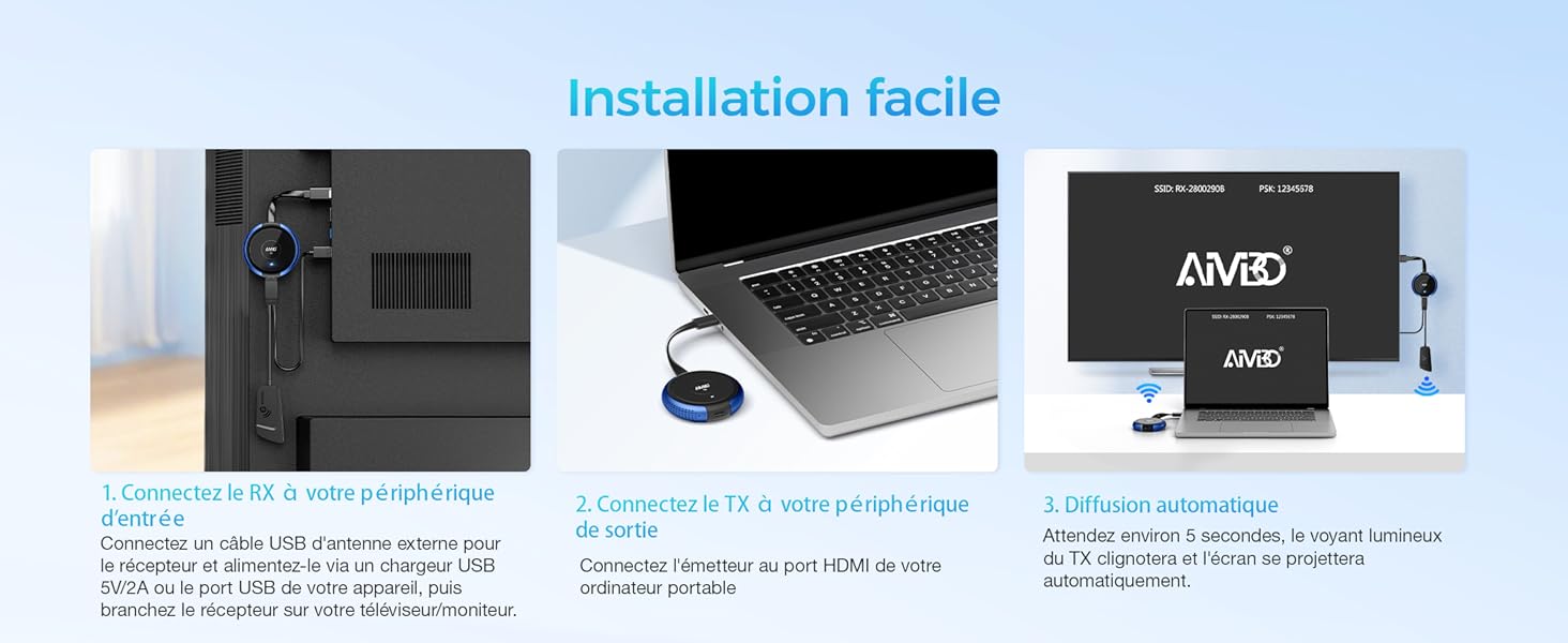 Image à trois panneaux montrant le processus d'installation facile d'un composant informatique, avec un appareil noir, un ordinateur portable et un écran affichant le logo « AMP ».