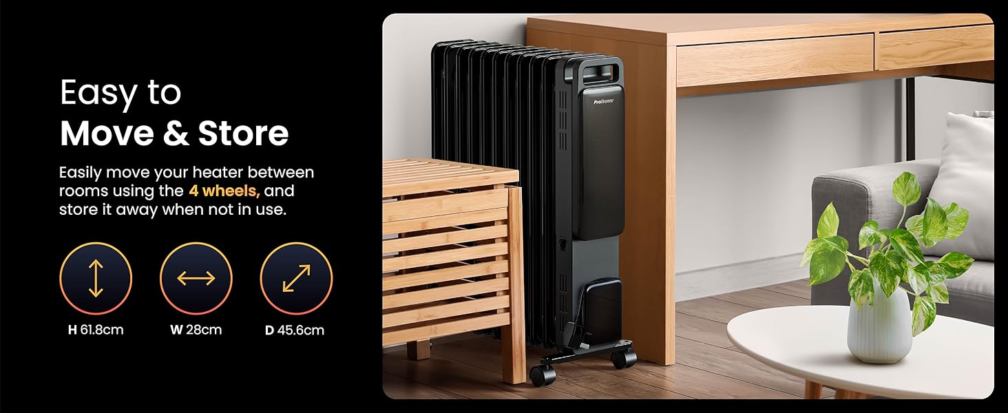 Black vertical radiator heater with mobility features, shown in home setting with wooden elements and plant decoration.