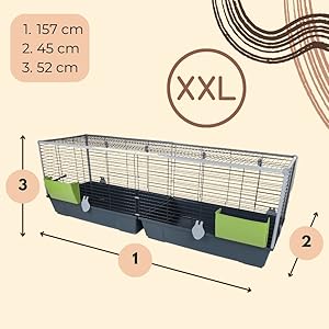 Der Text lautet „1. 157 cm“, „2. 45 cm“, „3. 52 cm“, „XXL“. Technisches Diagramm, das die Abmessungen einer scheinbar großen Gehege- oder Käfigkonstruktion zeigt.