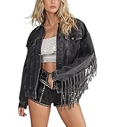 Omoone Women's Oversized Denim Fringed Jacket Tassel Jean Jackets Fall Outfits 2025 with Pockets
