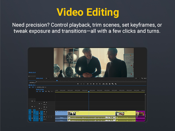 Text reads 'Video Editing'. Screenshot of video editing software timeline interface with multiple tracks and clips.