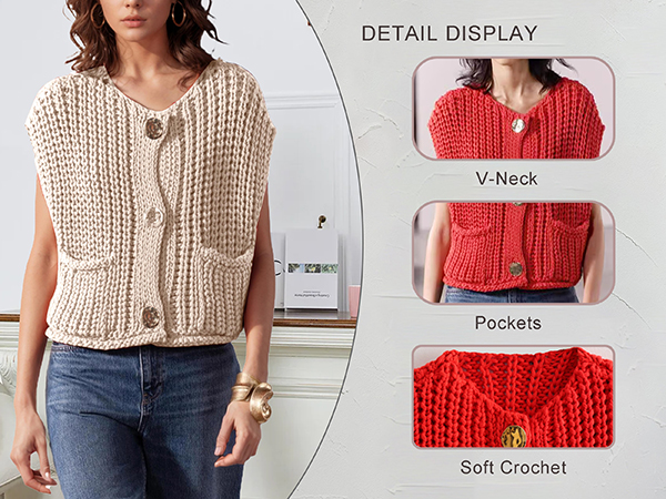 トップス kalinka crochet vest 2-4y Womens Crop Knit Sweater Vest Top Gold Button Down Crochet