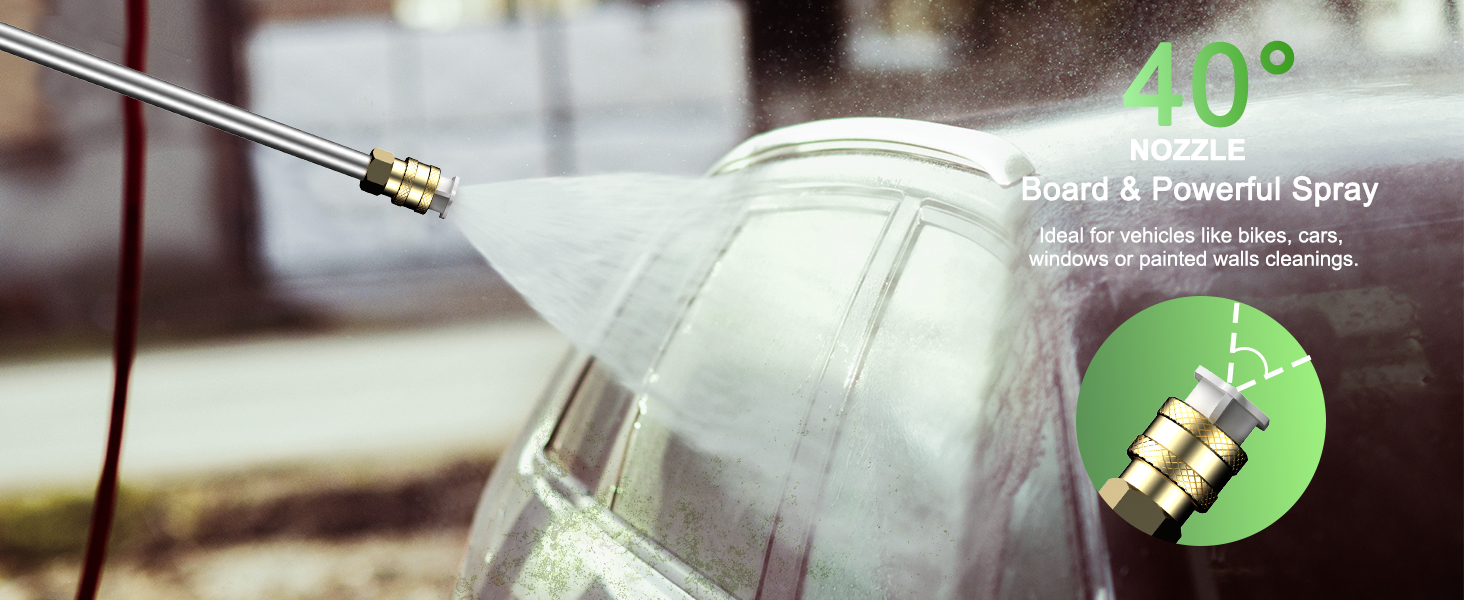 Pressure washer nozzle spraying water at 40-degree angle onto car surface. Inset shows nozzle tip with 'Board & Powerful Spray' text, indicating wide coverage cleaning ability.