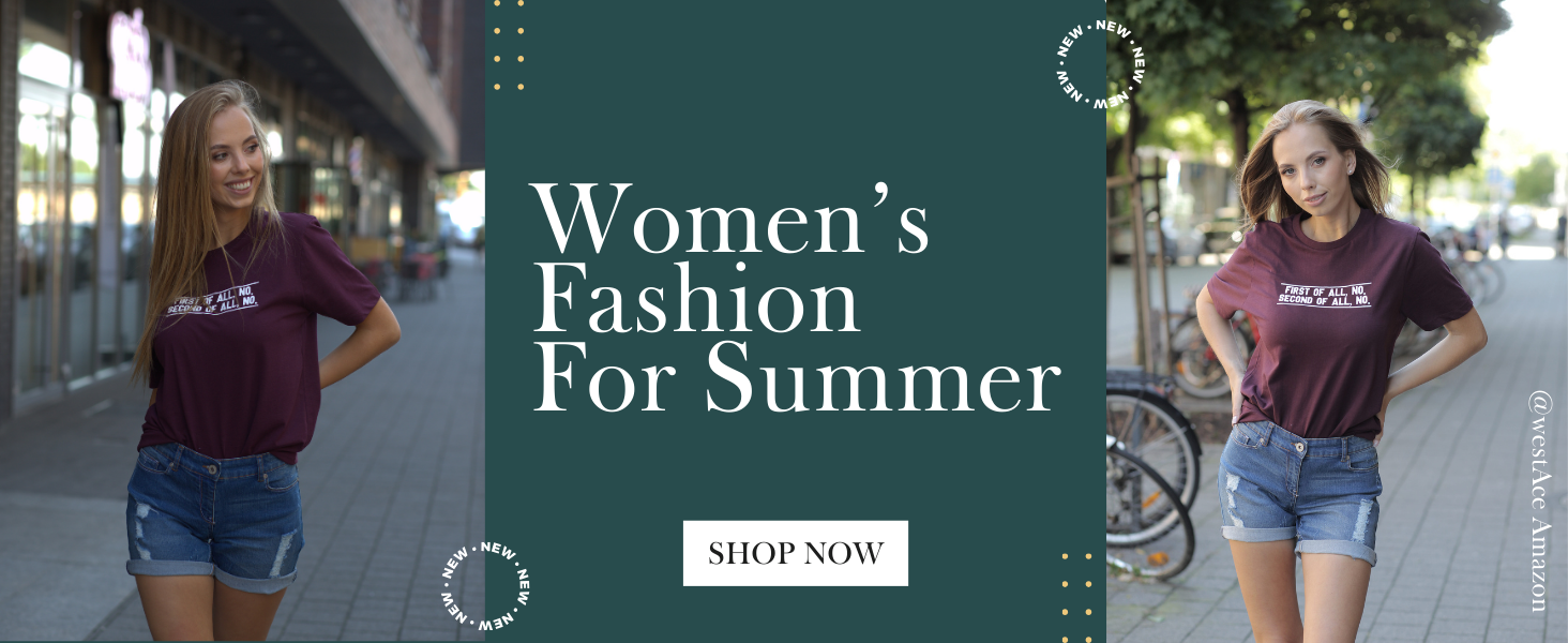 Summer fashion banner showcasing women's casual wear: maroon t-shirts paired with denim shorts. Two models pose outdoors in an urban setting.