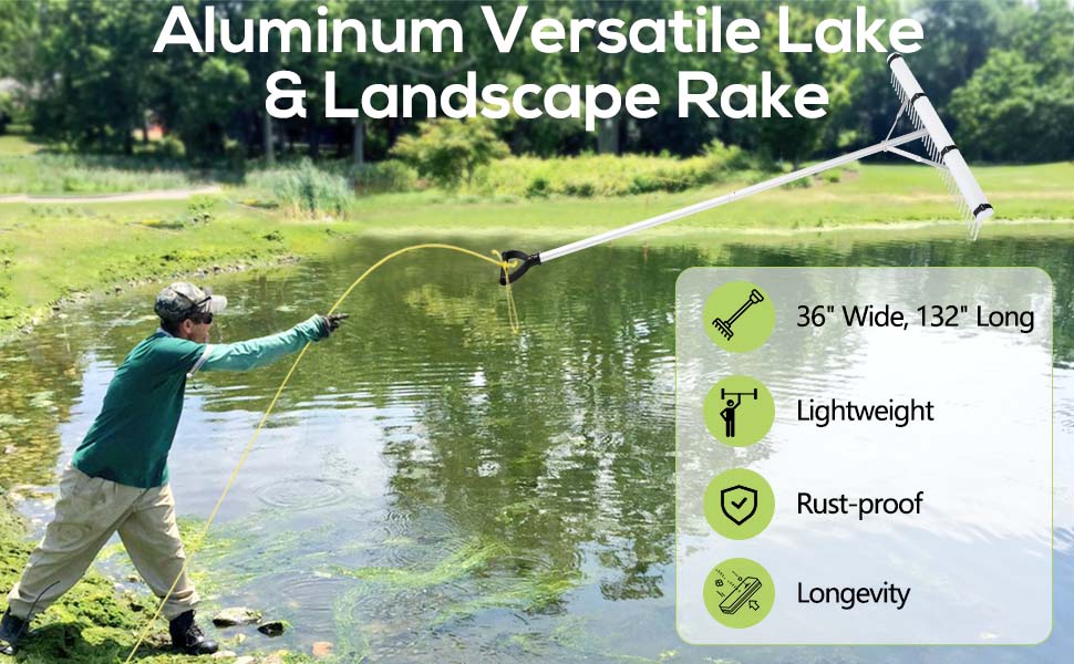PVNIEFC Pond Rake, 36" Aluminum Landscape Rake, Floating