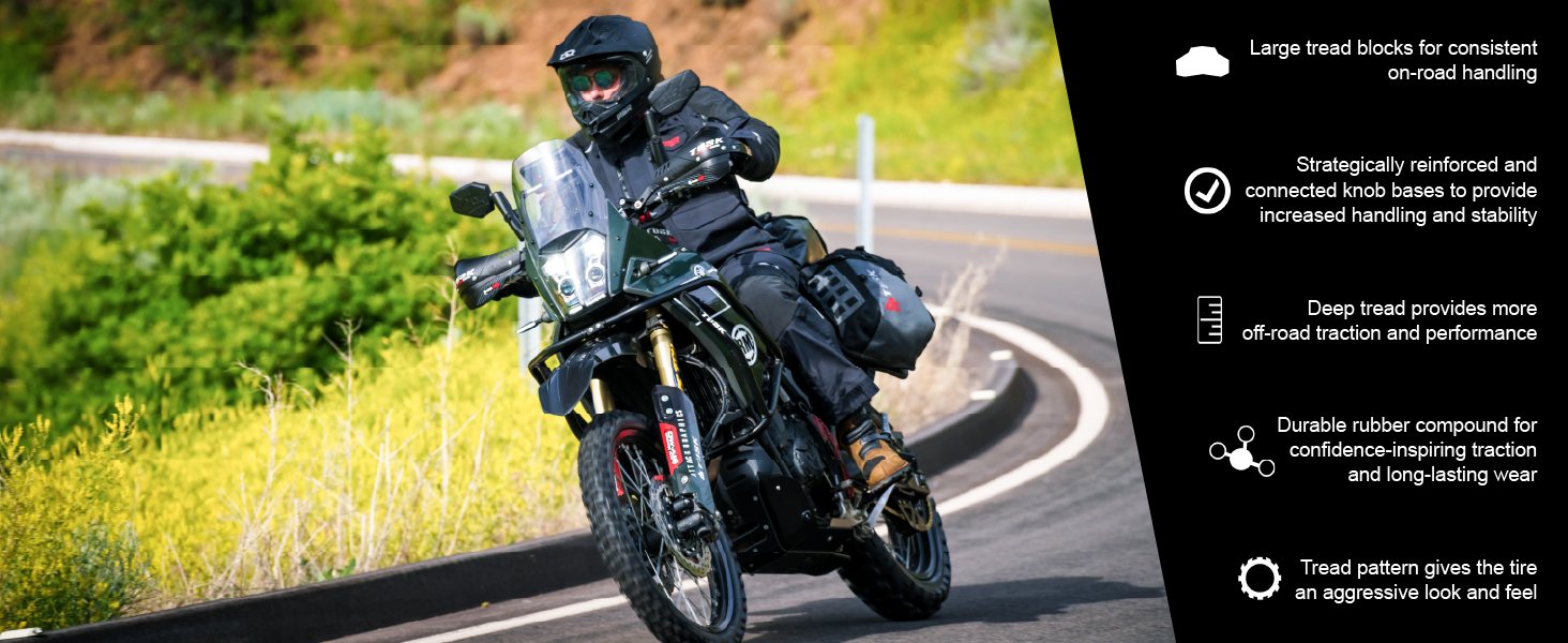 Adventure rider on motorcycle with 2Track tires, built for traction, handling, and durability