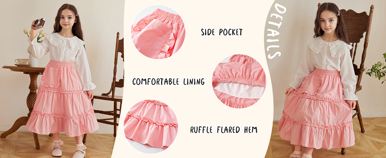 SEAUR Girls Maxi Skirt with Ruffle Tier Casual Kids Skirt with Pocket A-Line Elastic Waist Cotton Blend School Daily Casual Party Summer Wear 3-12 Years 19 SEAUR Girls Maxi Skirt