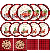 Tbsone Christmas Paper Plates and Napkins Disposable - Red & Black Buffalo Plaid Design, Xmas Par...