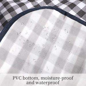 Close-up of a checkered fabric with water droplets on surface. Text indicates PVC bottom that is moisture-proof and waterproof.