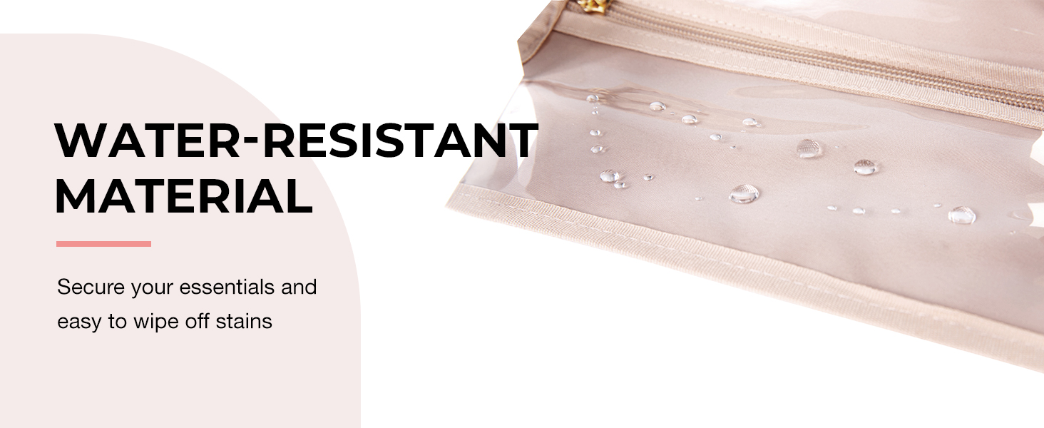 Close-up of a light-colored fabric surface with water droplets, demonstrating water-resistant material. Text describes secure and easy-to-wipe properties.