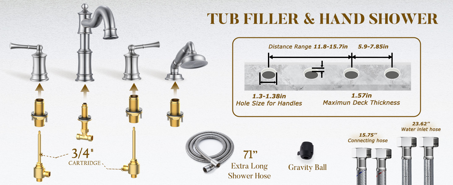 WINKEAR Roman Bathtub Faucet Set With Hand Shower 4 Hole Deck Mount Tub