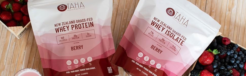 A pouch of berry whey protein isolate and berry whey protein concentrate