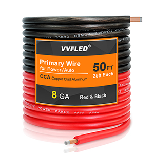 Spool of red and black primary wire, 50 ft length, 8 gauge. VYFLED brand visible on packaging. Designed for automotive or electrical use.