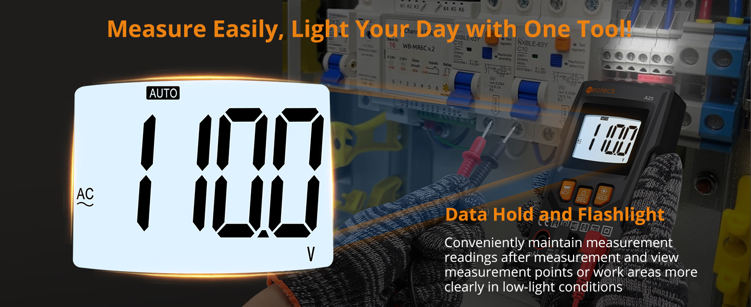 Digital measuring tape with large LCD display showing 11.00, featuring data hold and flashlight functions. Product shown in use and close-up.