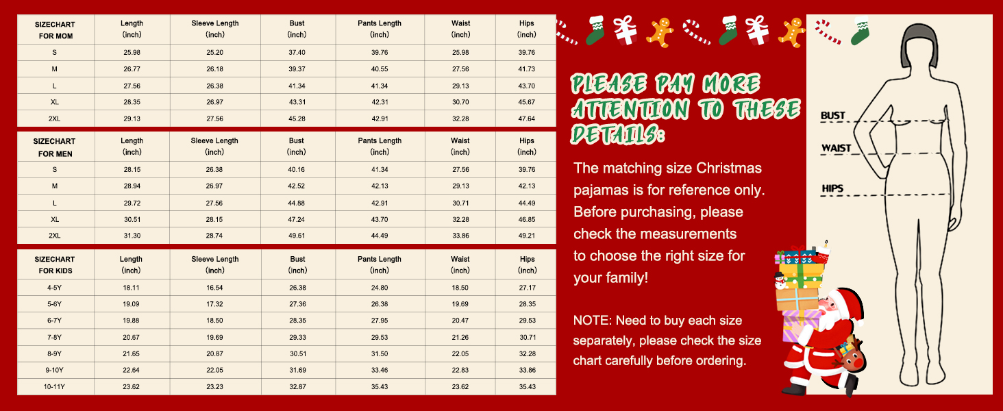 Serie de tablas de tallas y medidas con bordes rojos que muestran los datos numéricos y el contorno de la figura humana como referencia de tallas.