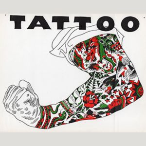 A sketch of a man's arm covered in colorful American traditional tattoos. Above reads "TATTOO"