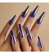 ROFIBUT 24PCS Chrome Press on Nails Fluorescent Laser Mirror Holographic Coffin False Nails Metal...