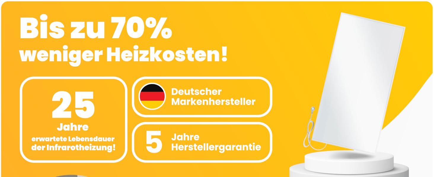Werbung für ein Produkt zur Senkung der Heizkosten. Gelber Hintergrund mit Text, der bis zu 70% niedrigere Heizkosten, 25 Jahre Garantie und 5 Jahre Herstellergarantie verspricht