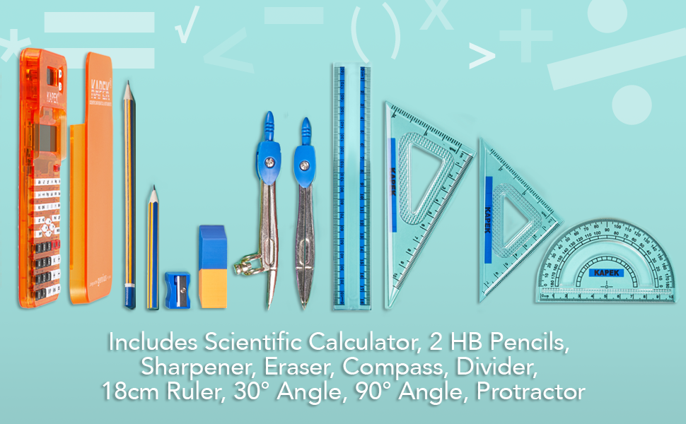 KAPEK Scientific Calculator + Math Set for Schools 2Line Display