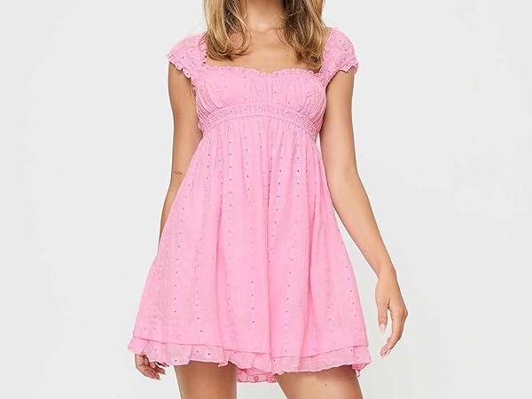 Women's Square Neck Mini Dress Cute Ruffle Lace Strap Eyelet