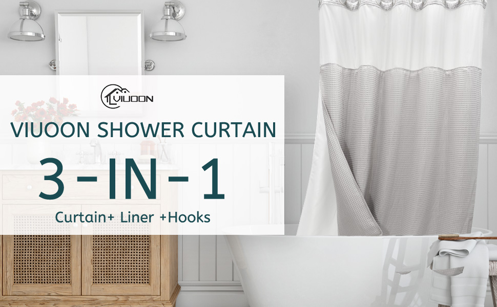 VIUOON No Hook Shower Curtain Set with Snap in Fabric Liner