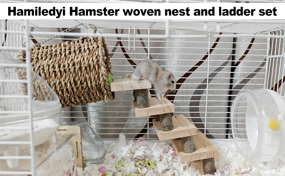 Hamiledyi Hamster Climbing Ladder Wood Stair and Hanging Hammock Set Wooden Molar Toys Cage Accessories for Syrian Hamster Gerbil Mice 10 Hamster wooden ladder and hammock