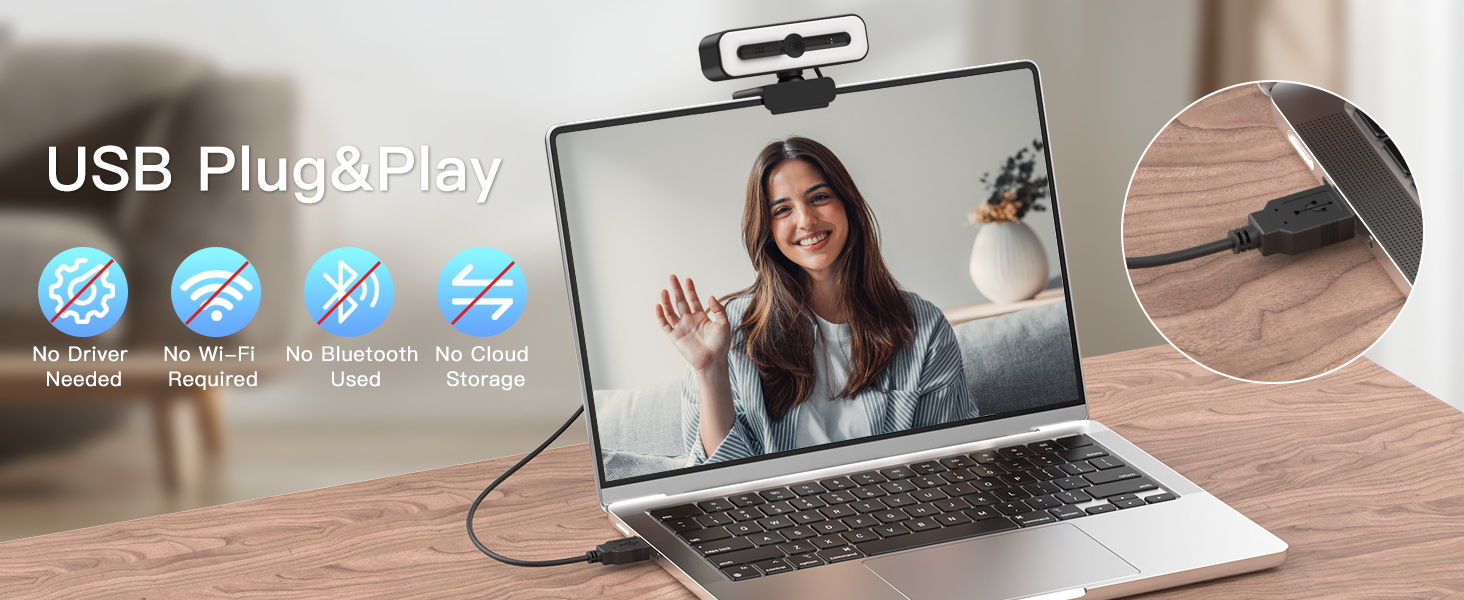 Text reads 'USB Plug&Play'. Additional webcam demonstration images showing laptop setup and connectivity features with wireless icons.